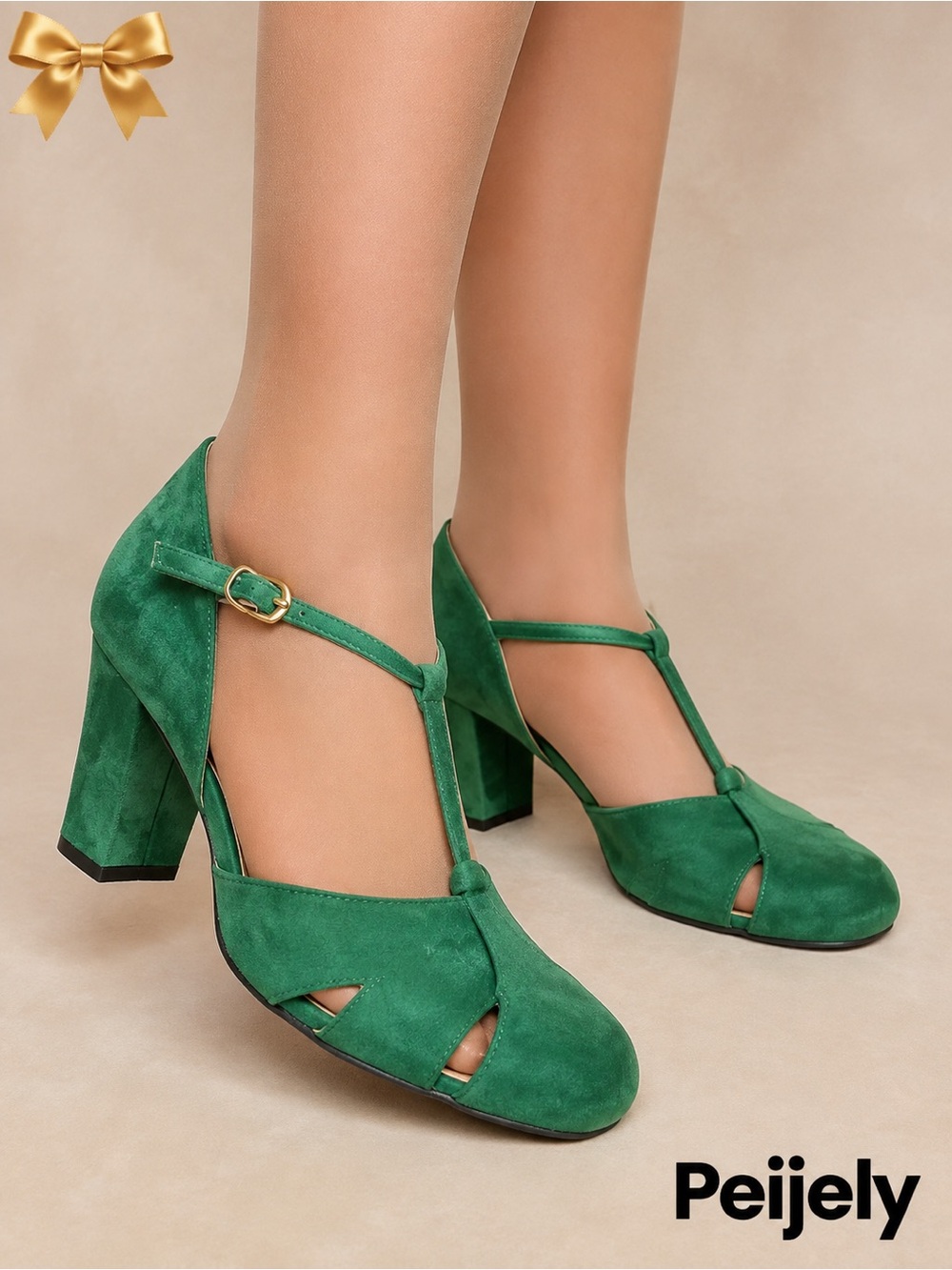 Peijely Green T-Strap Block Heels EU 42 US 11 Retro Shoes